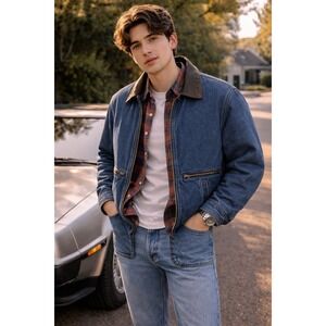 Vtg New Zealand Outback Denim Jacket Mens XL Blue‎ Leather Collar 80s McFly